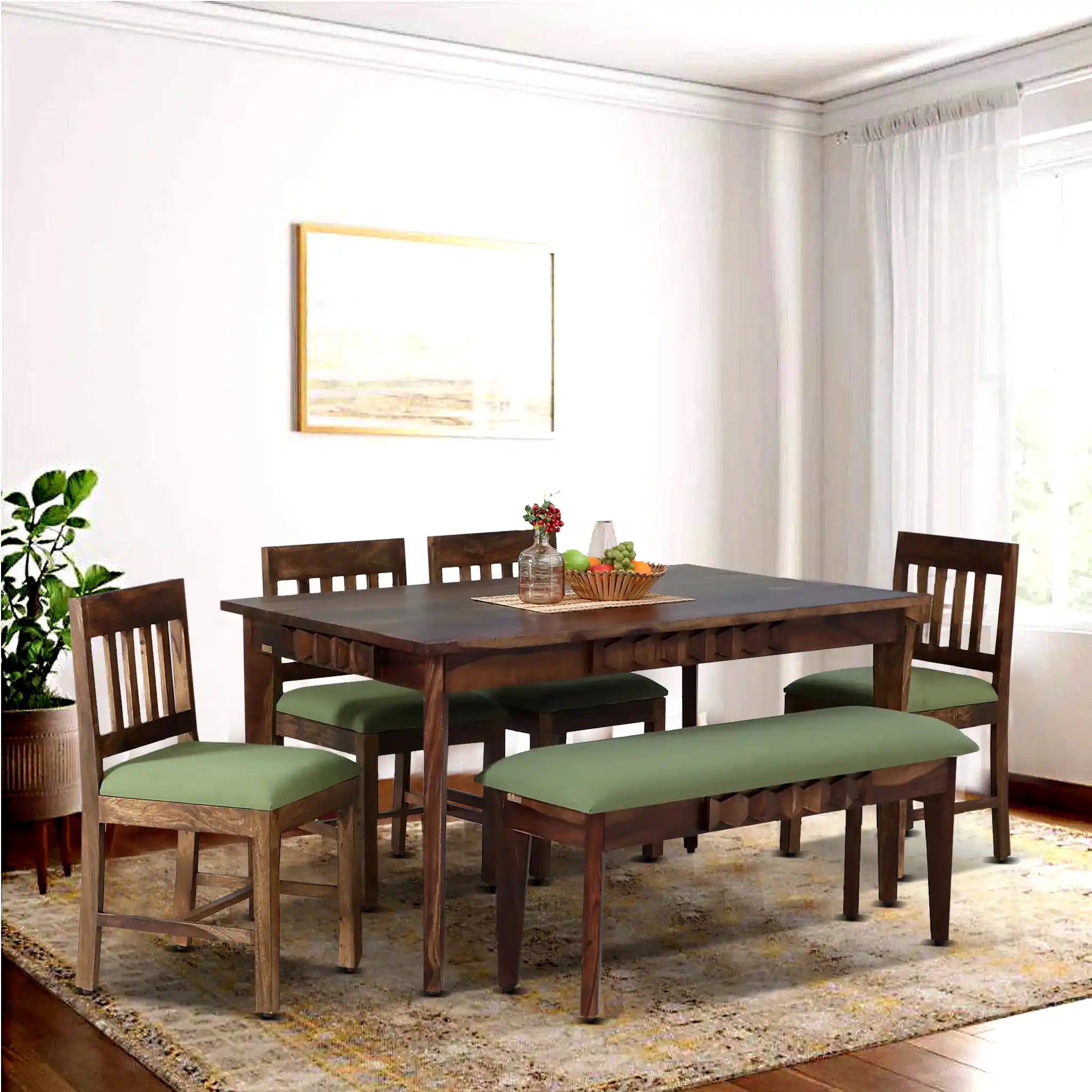 Alford Solid Wood 6 Seater DiningTable Sets With Bench