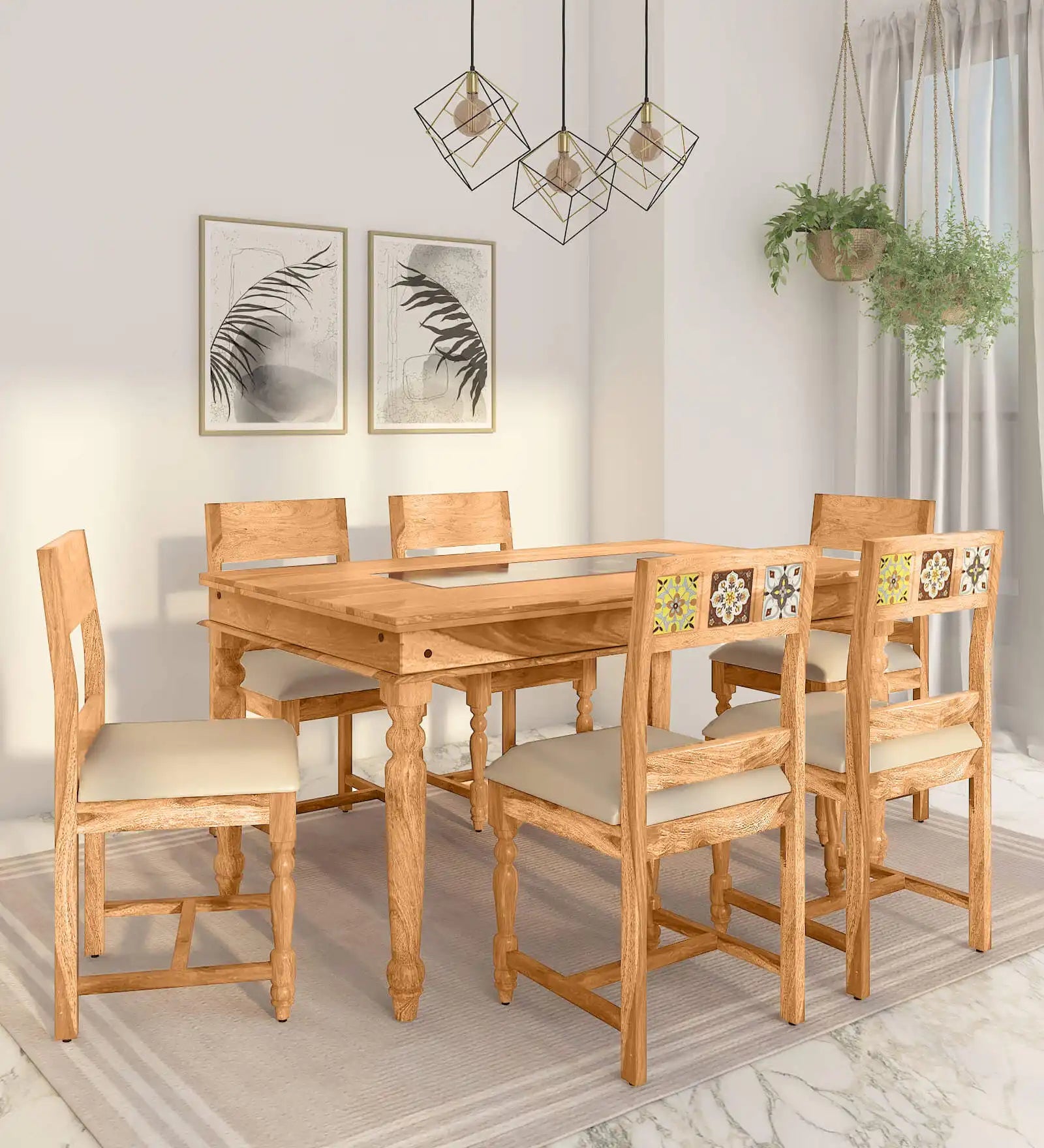 Anamika Solid Wood 6 Seater Dining Sets With Cushioned Chair