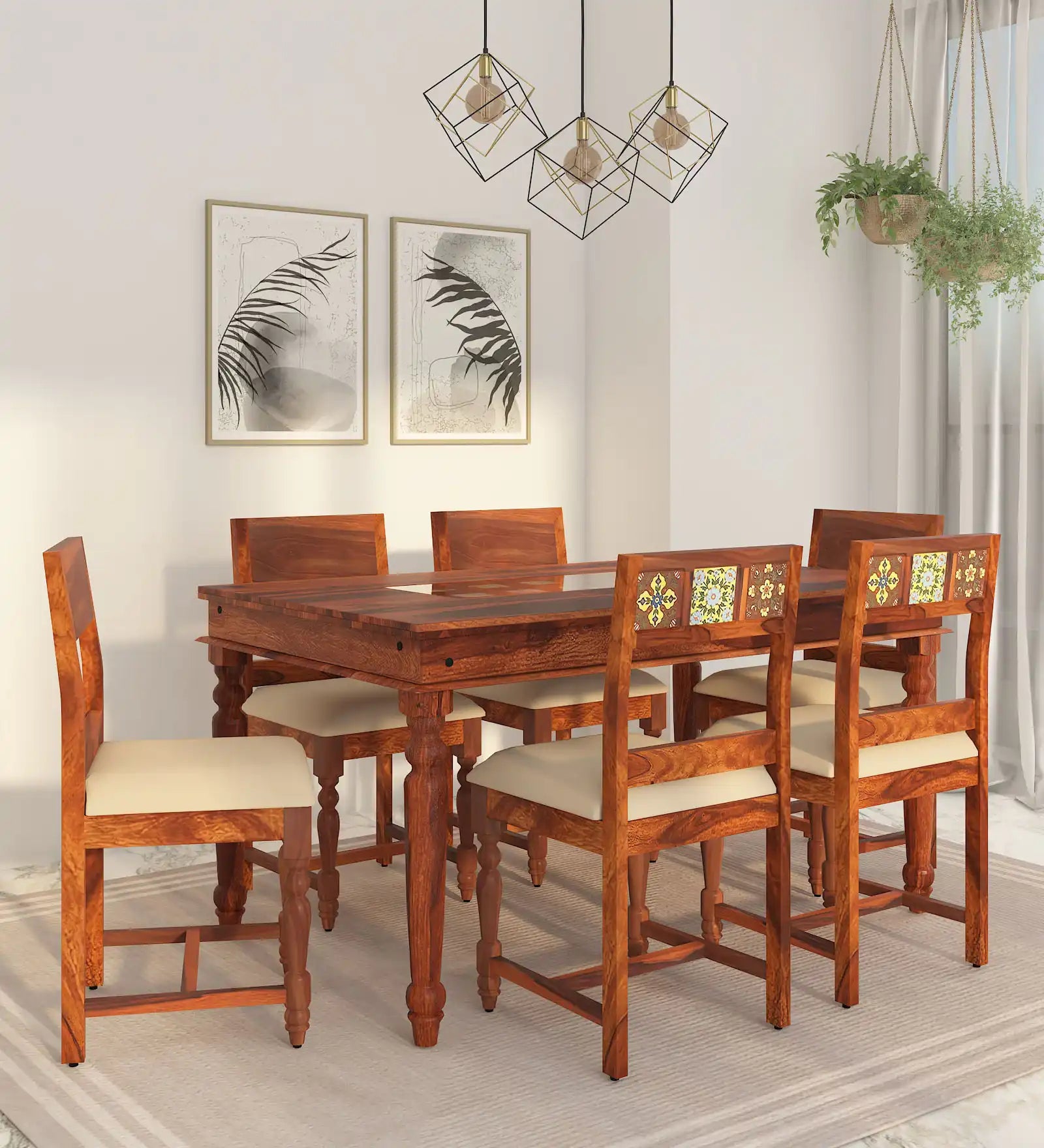 Anamika Solid Wood 6 Seater Dining Sets With Cushioned Chair