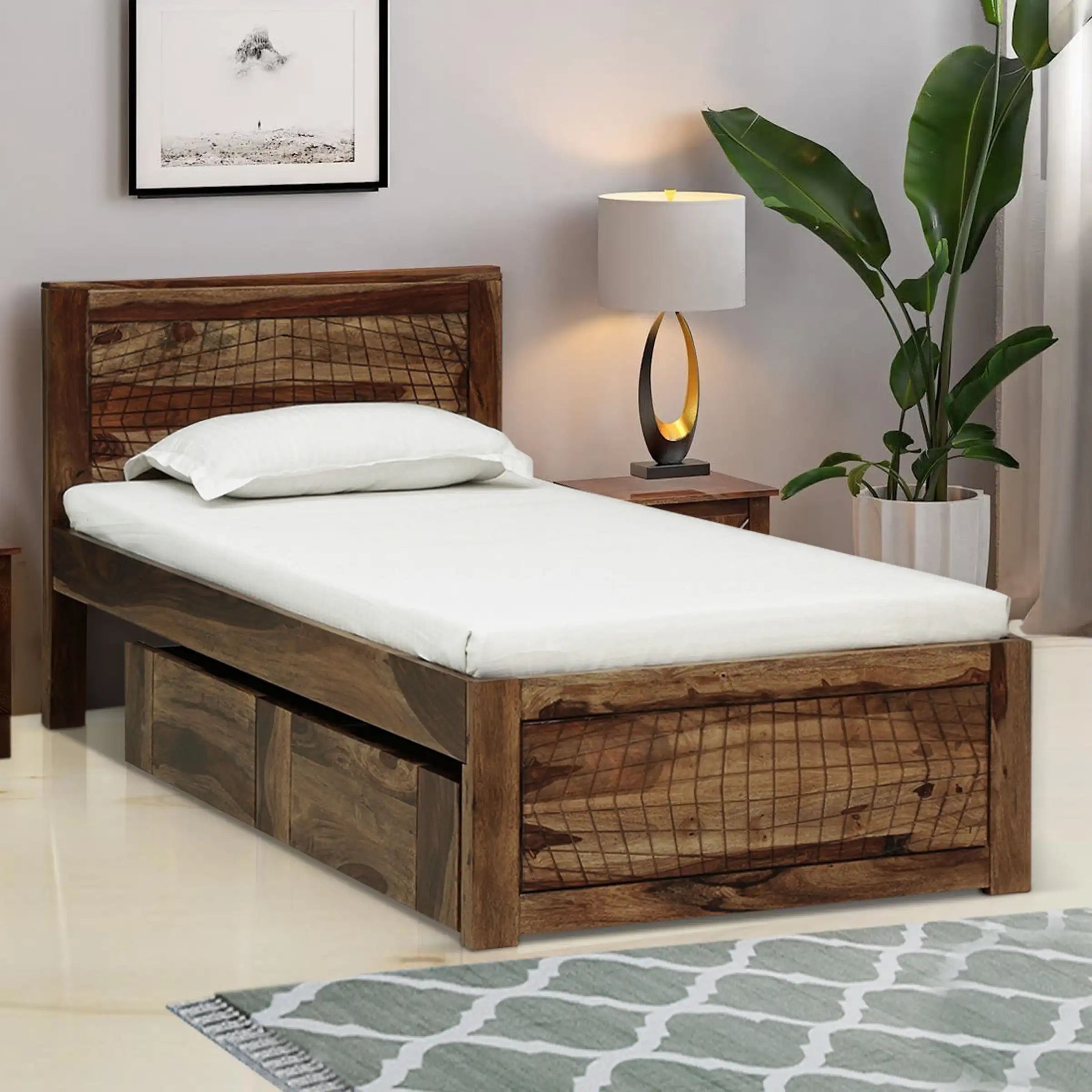 Harmonia Sheesham Wood Single Bed With Storage