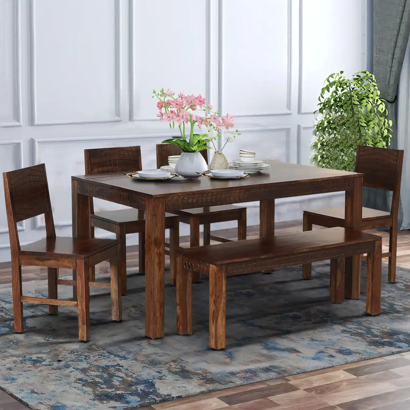 Harmonia Solid Wood 6 Seater Dining Table Sets with Bench