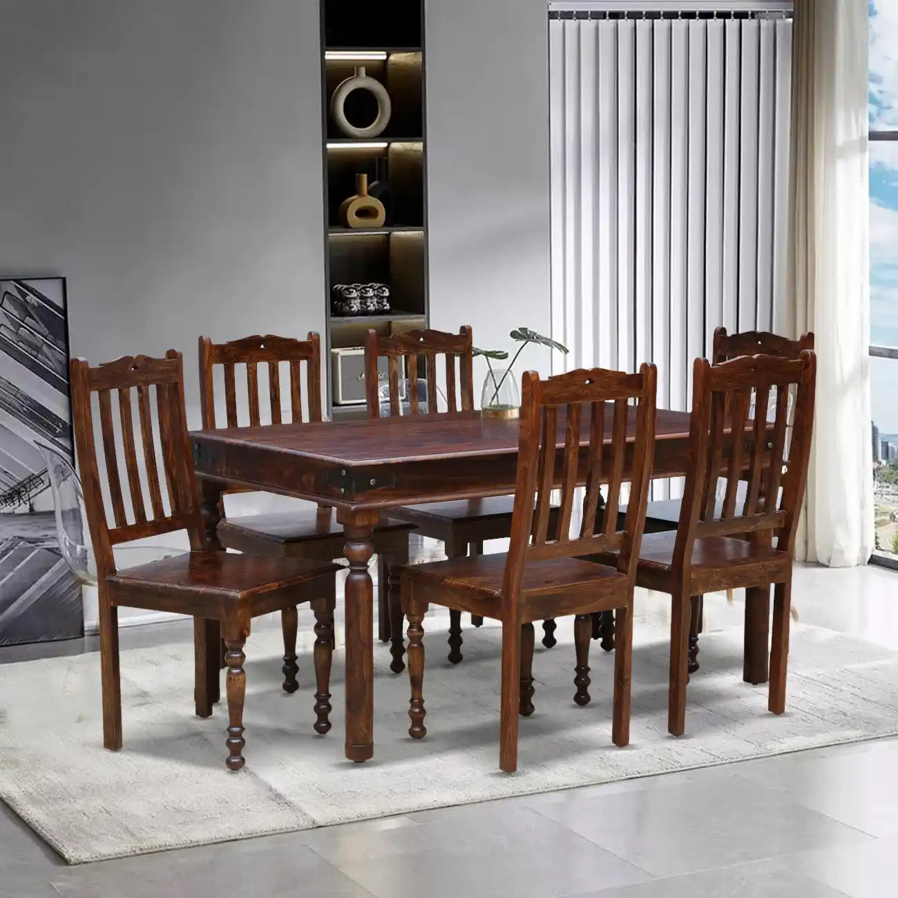 Haveli Solid Sheesham Wood 6 Seater Dining Table Set