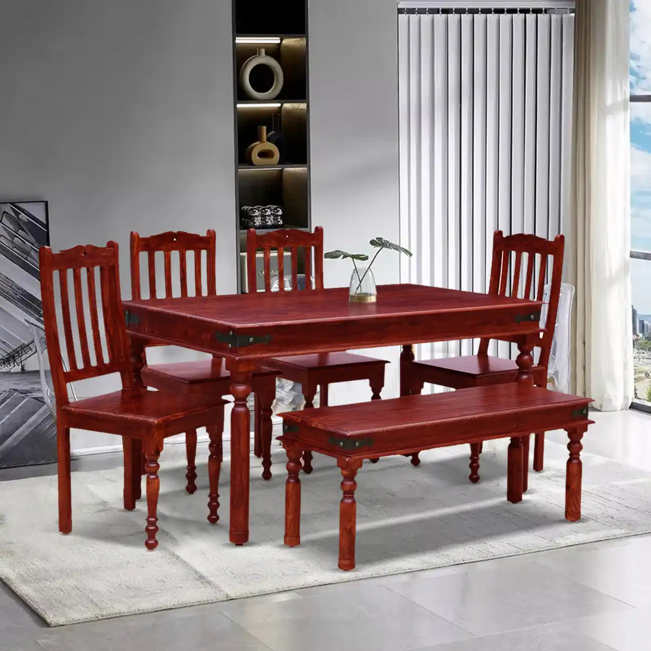 Haveli Solid Wood 6 Seater Dining Table Sets with Bench