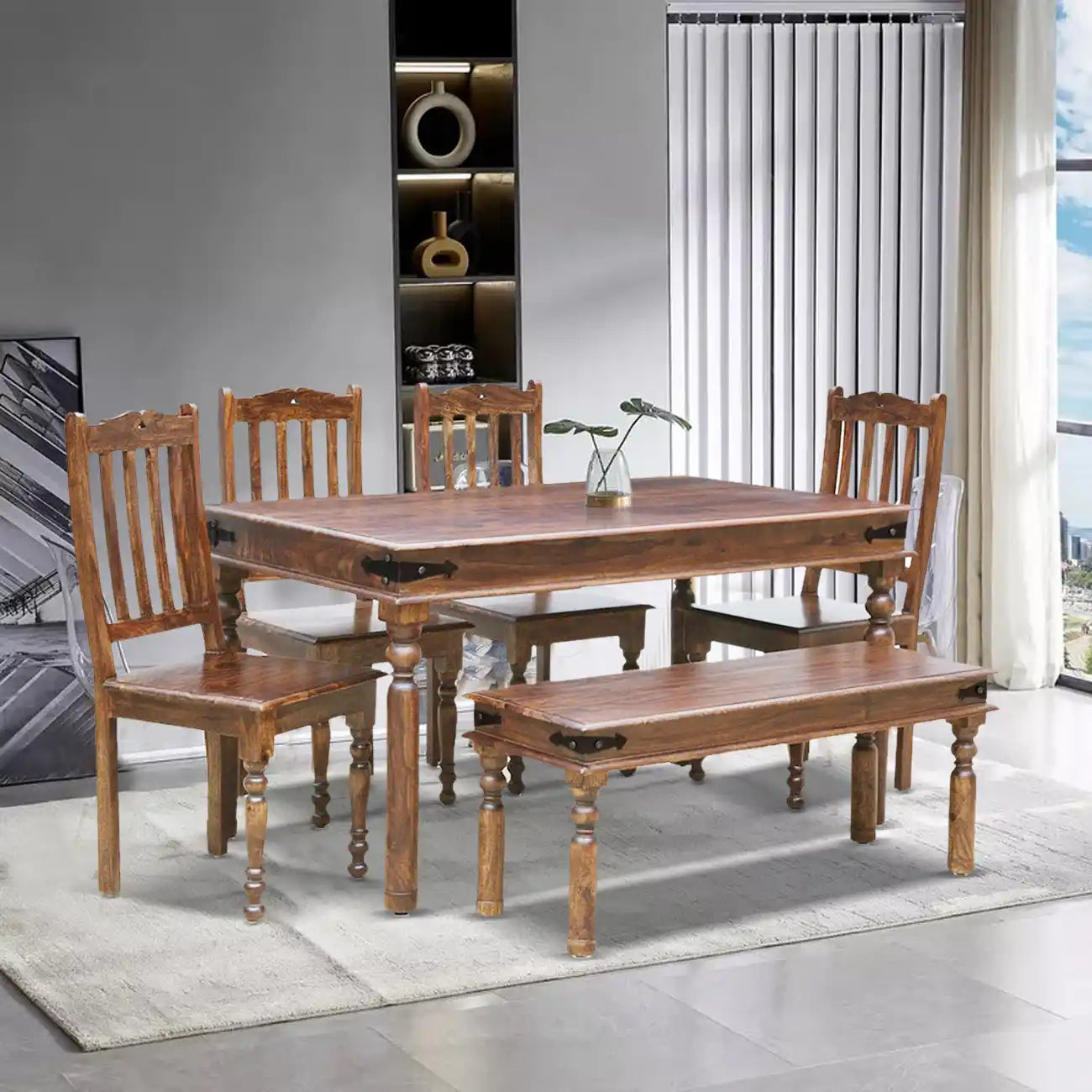 Haveli Solid Wood 6 Seater Dining Table Sets with Bench