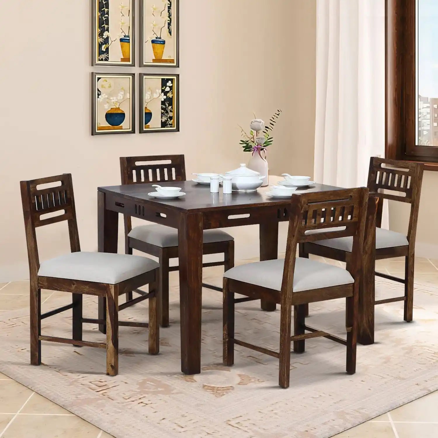 Jenine Solid Wood 4 Seater Dining Table Set