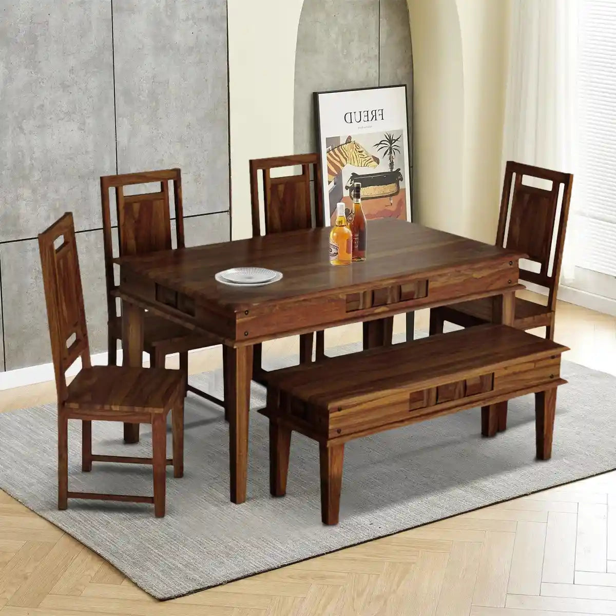 Niware-Wooden-6-Seater-Dining-Set-with-Bench-teak-rajawada-furnish