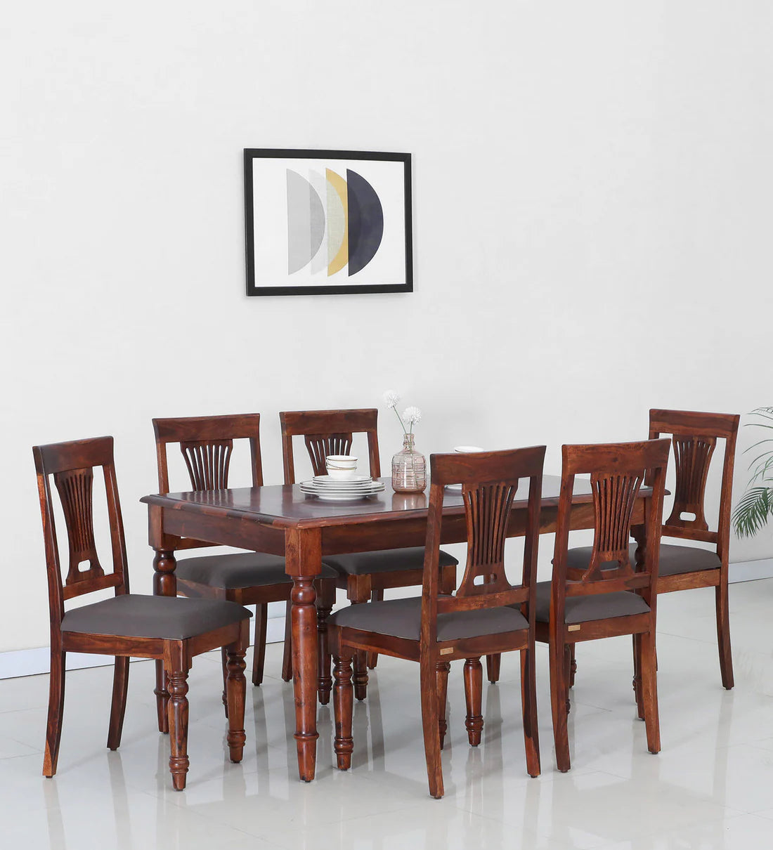 Sheerel Solid Wood 6 Seater Dining Set With Brown Floral Upholstery Chair In Honey Oak Finish - By Rajwada - Rajwada Furnish