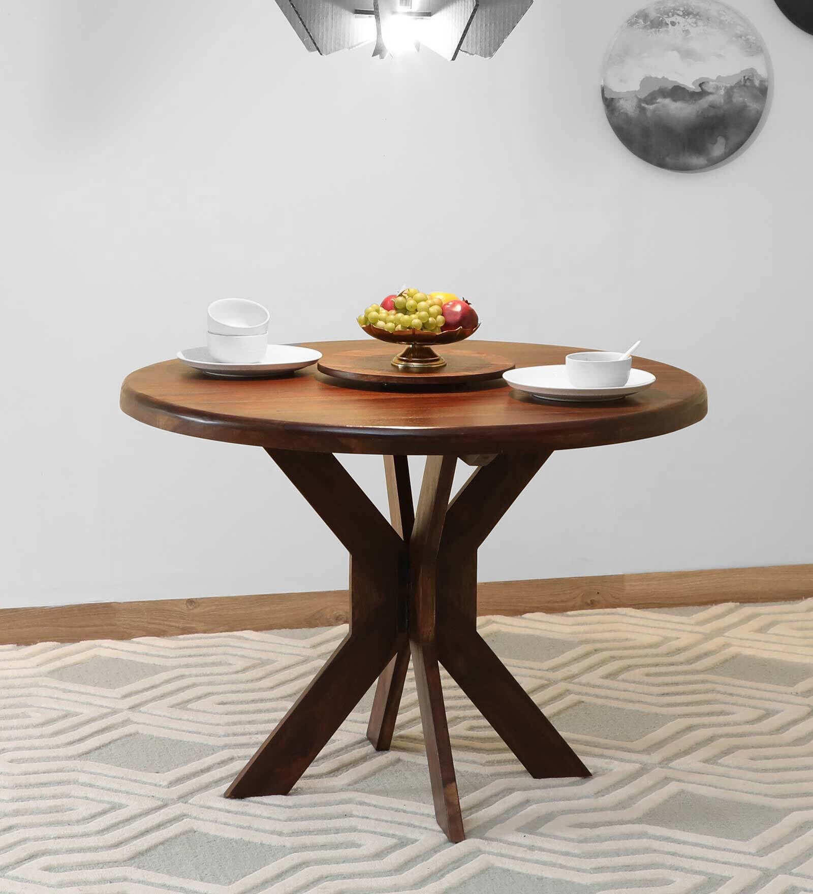 Drew Solid Wood 4 Seater Dining Table with Lazy Susan Top in Provincial Teak Finish by Rajwada - Rajwada Furnish