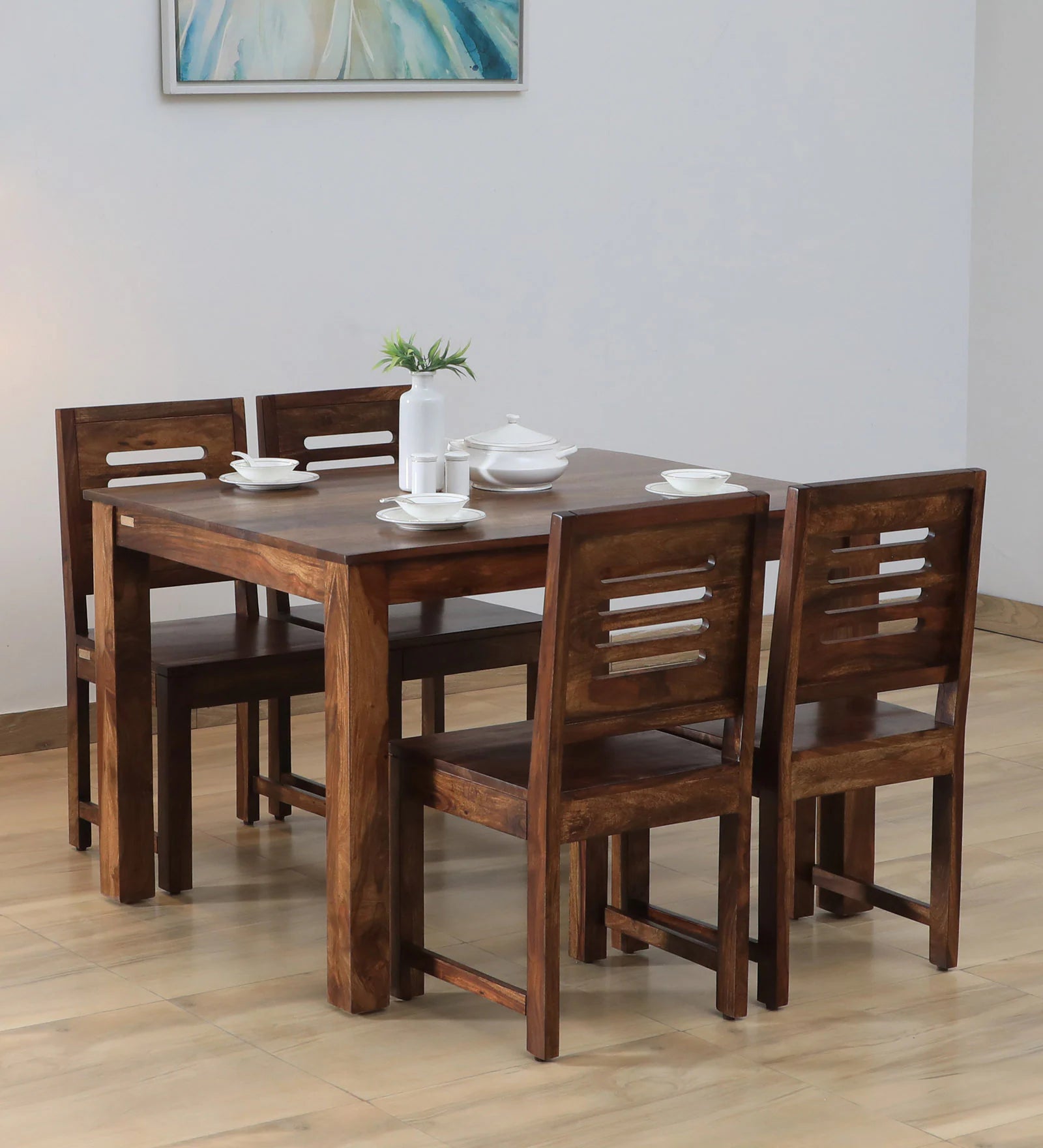 Saho Solid Wood 4 Seater Dining Set In Walnut Finish By Rajwada - Rajwada Furnish