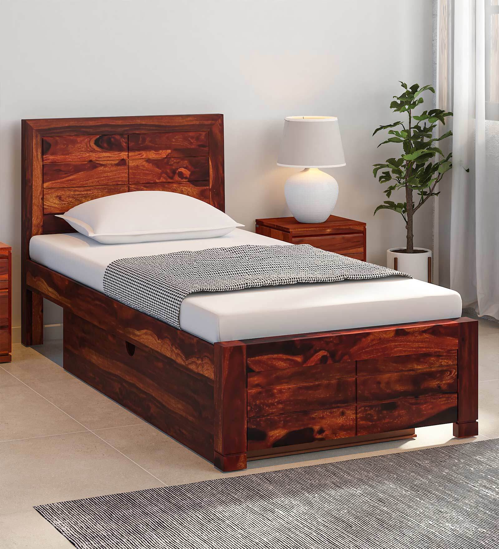 Moscow Solid Wood Single Bed With Drawer Storage In Honey Oak Finish By Rajwada - Rajwada Furnish