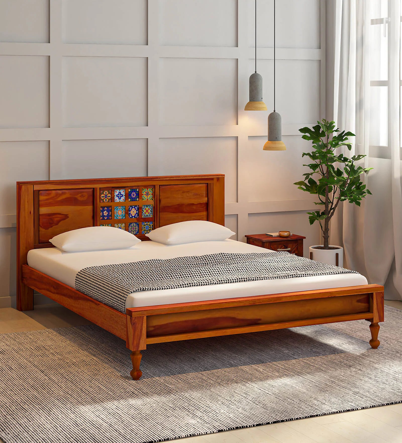 Anamika Sheesham Wood Queen Size Bed In Honey Oak Finish by Rajwada - Rajwada Furnish