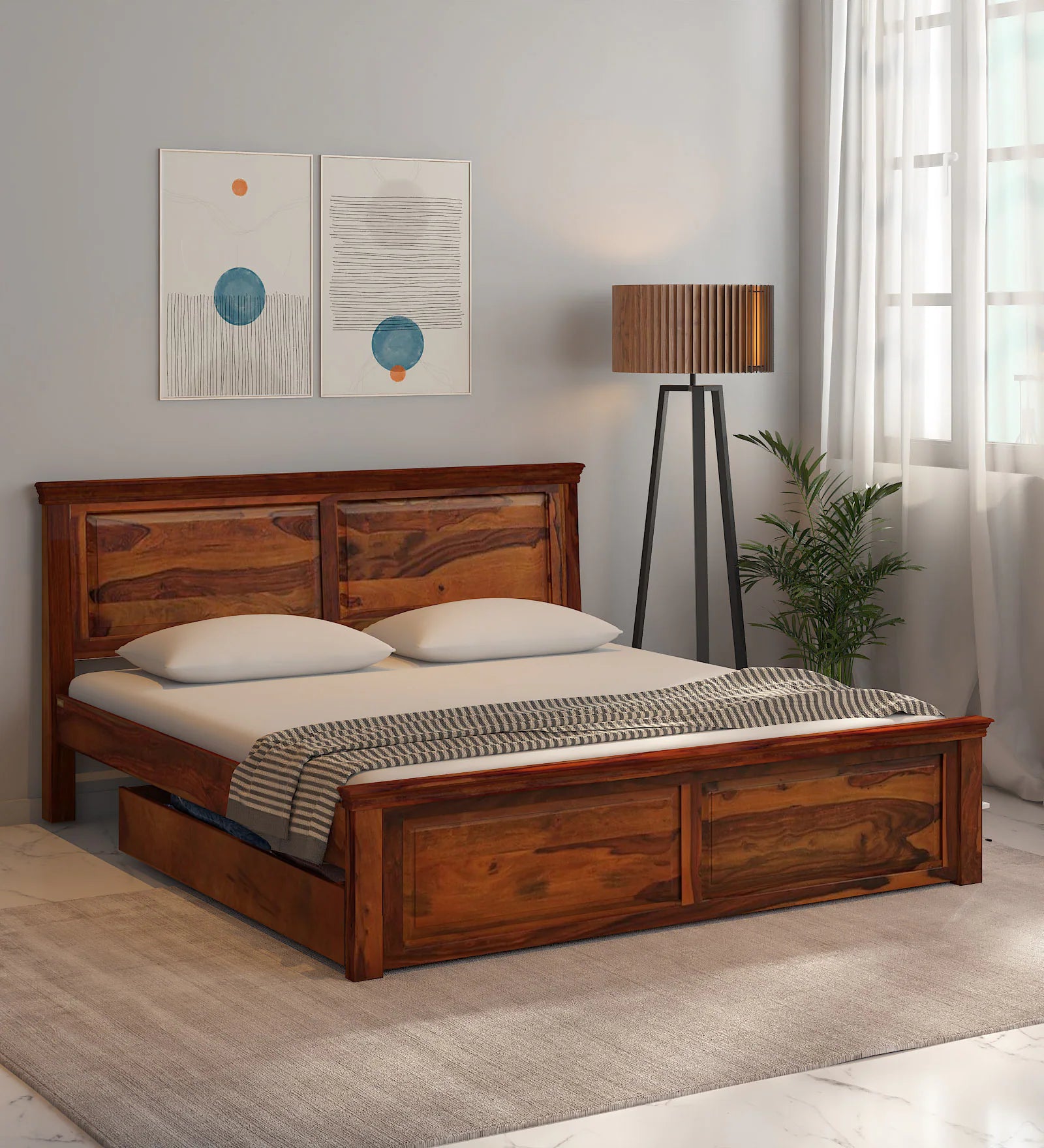 Vandena Solid Wood Bed With Drawer Storage In Honey Oak Finish By Rajwada - Rajwada Furnish