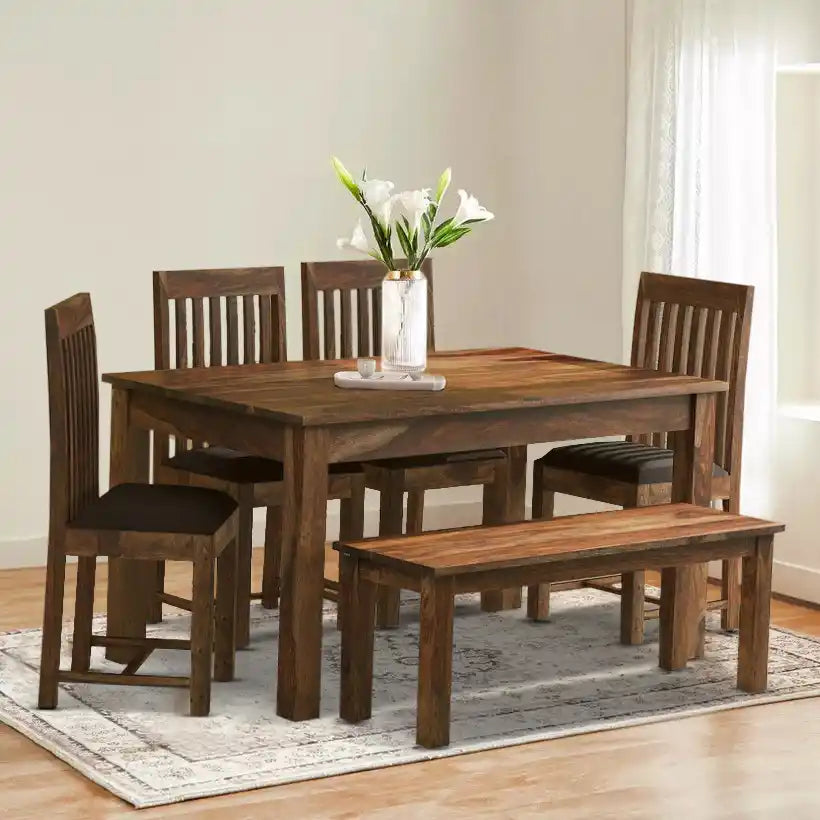 Peter Sheesham Wood 6 Seater Dining Sets with Bench