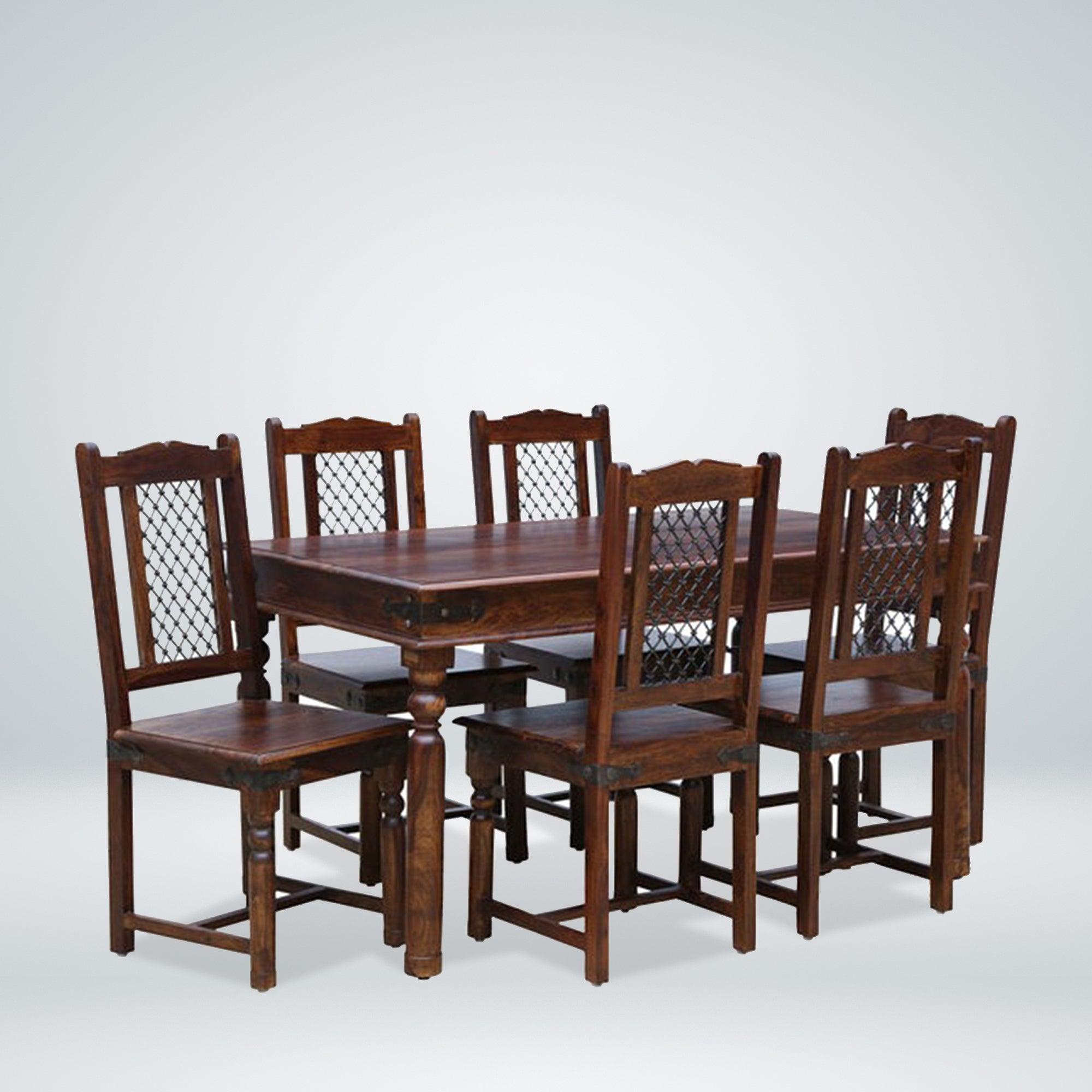 Arjuna Solid Wood 6 Seater Dining Table with Chairs in Teak Finish - Rajwada Furnish