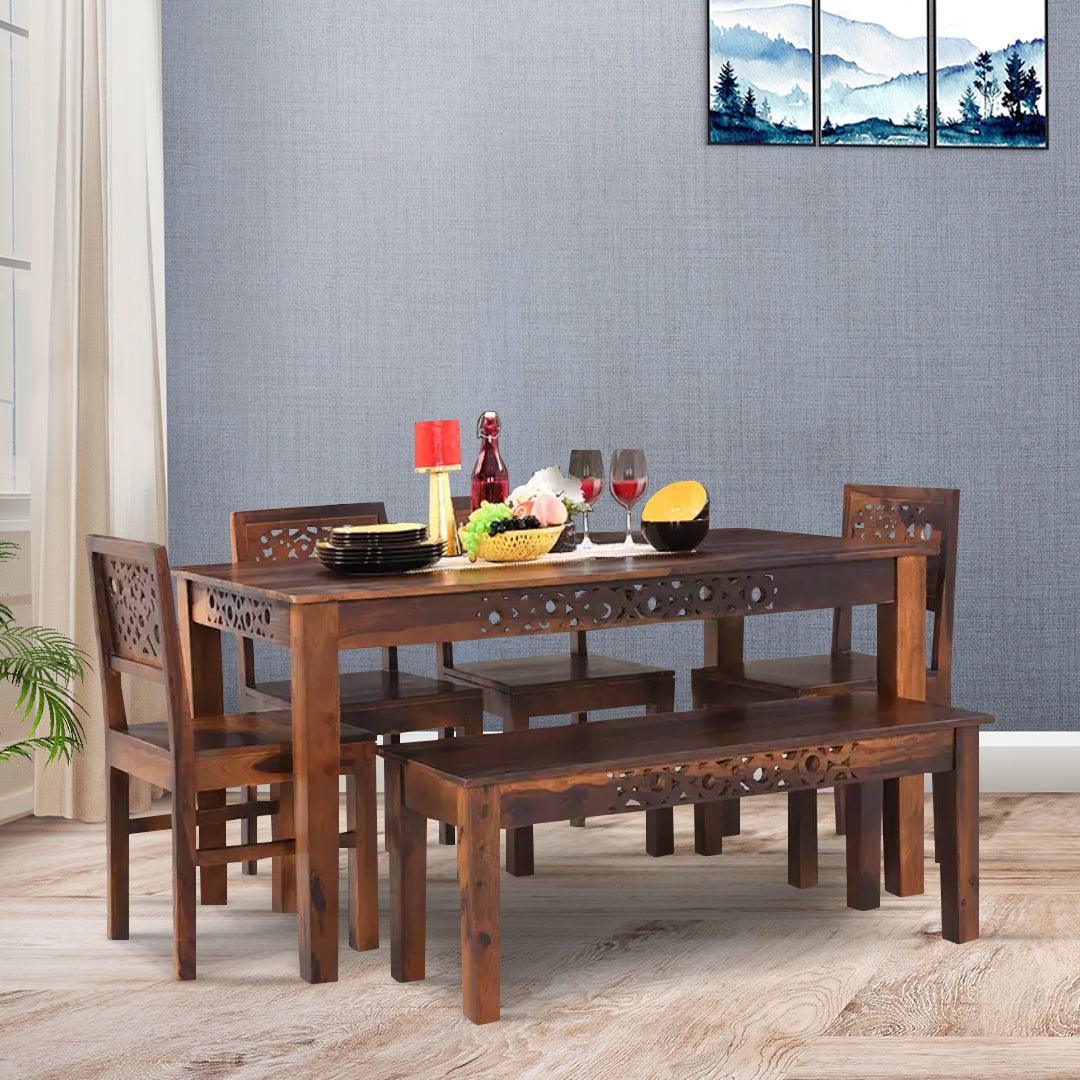 Oro Wooden 6 Seater Dining Table Set in Teak Finish - Rajwada Furnish
