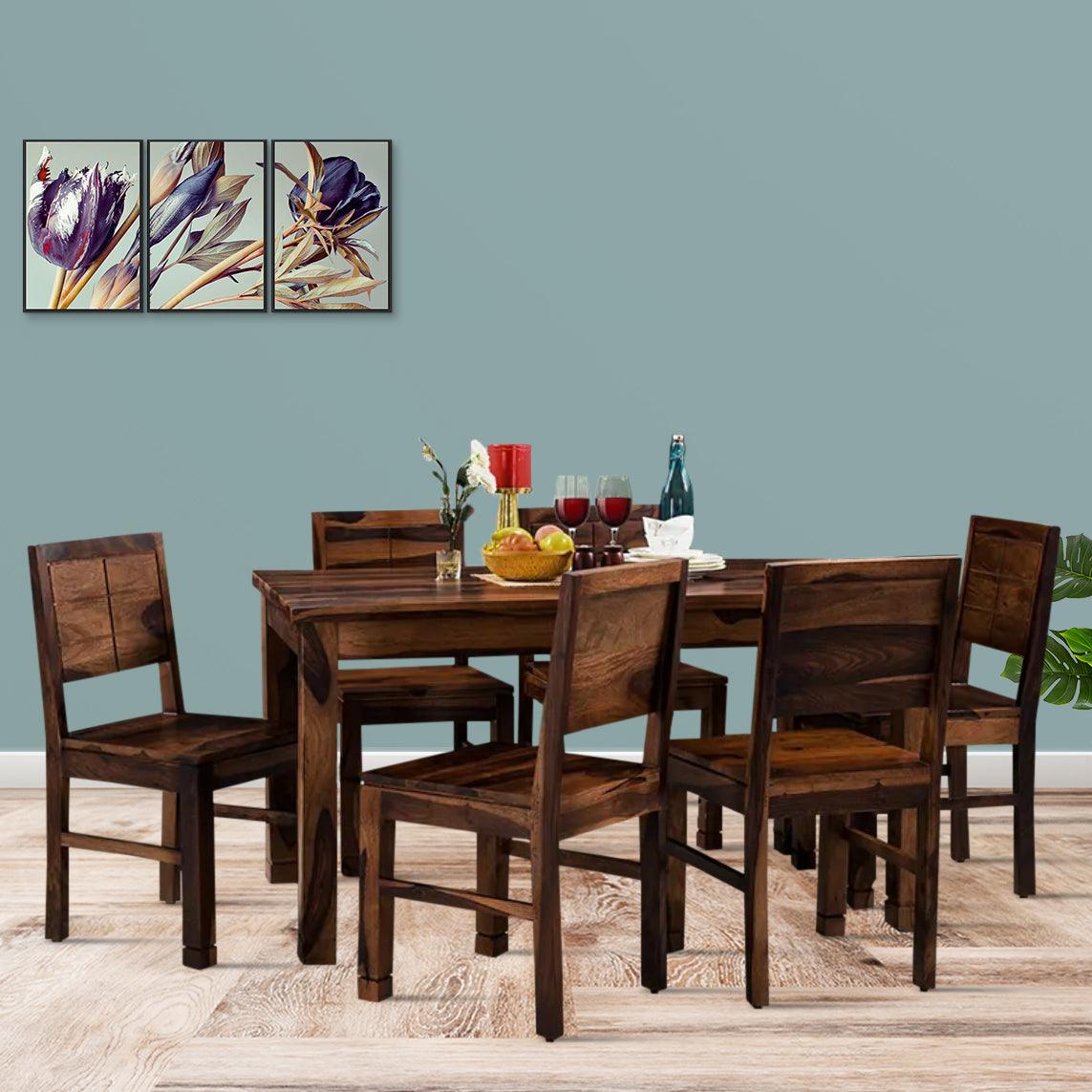 Bruno Wooden 6 Seater Dining Table Set in Teak Finish - Rajwada Furnish