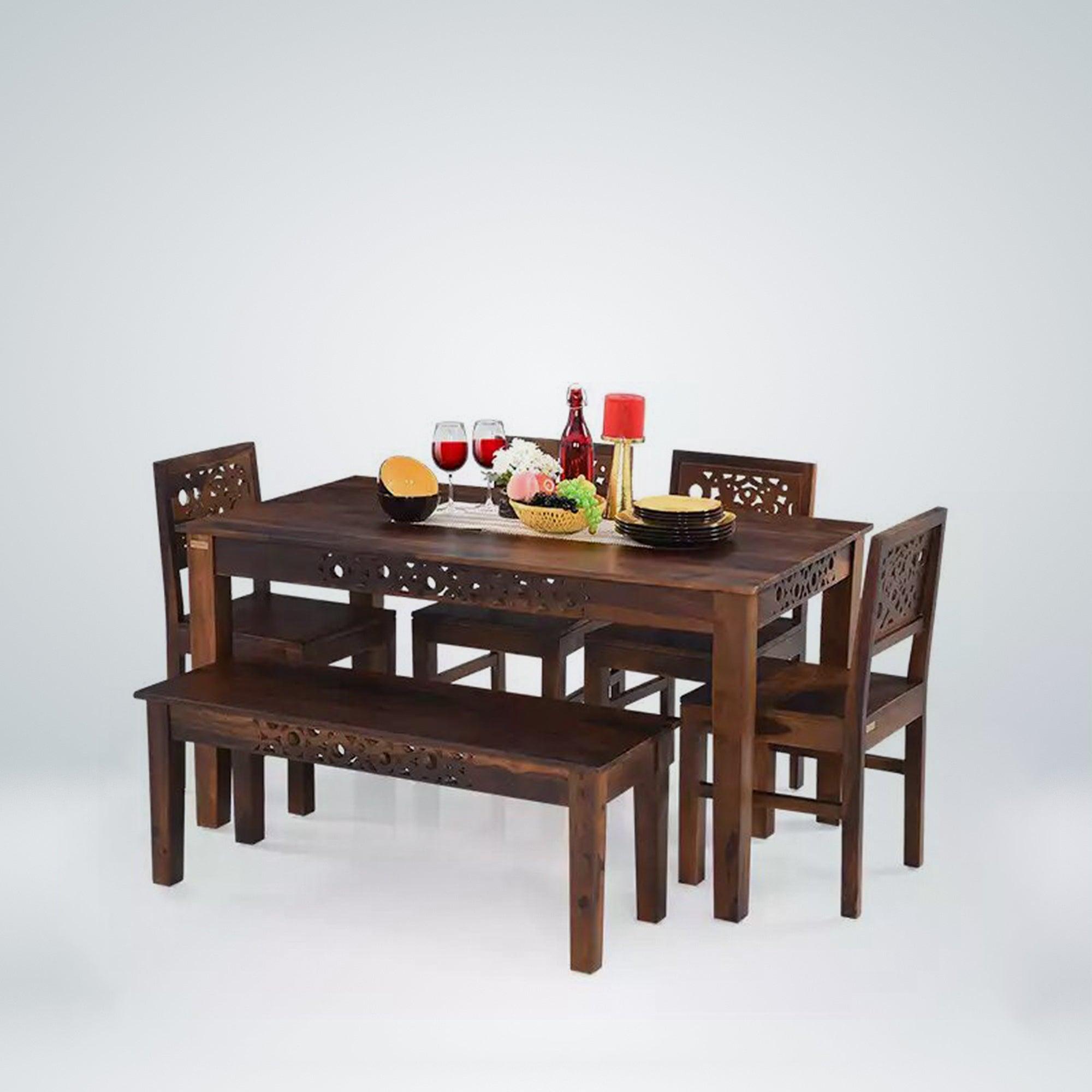 Oro Wooden 6 Seater Dining Table Set in Teak Finish - Rajwada Furnish