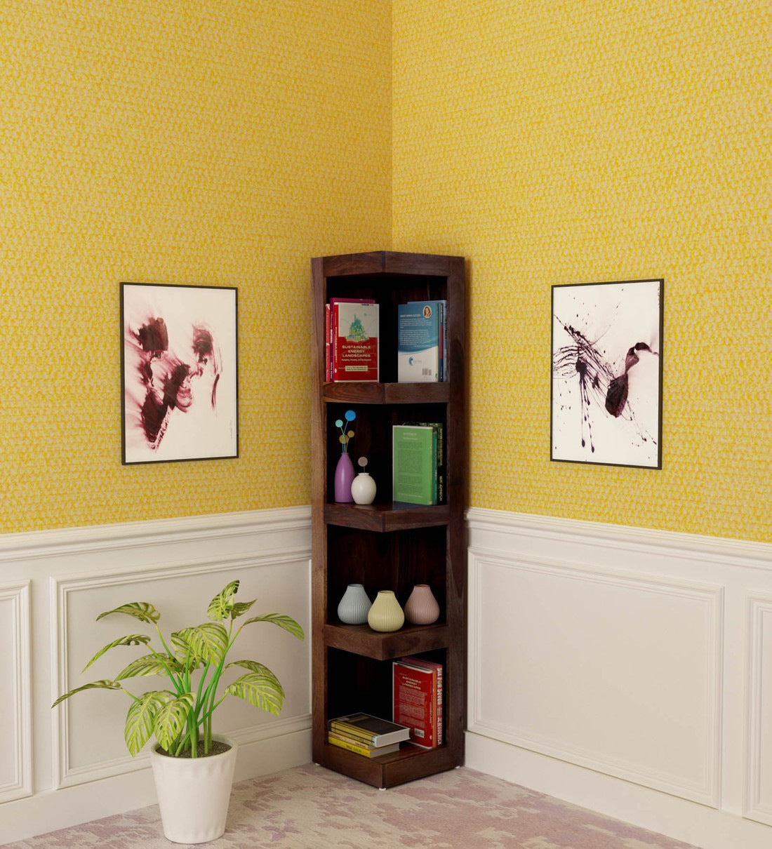 Acro Wooden Corner Bookshelf for Living Room - Rajwada Furnish