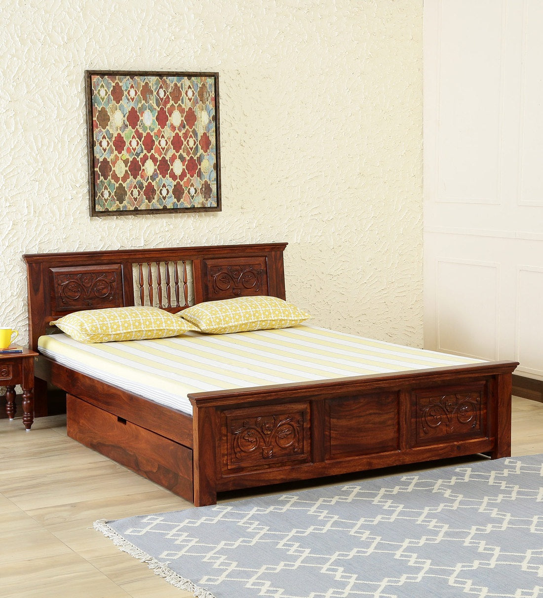 Deventi Solid Wood King Size Bed with Drawer Storage in Honey Oak Finish - Rajwada Furnish