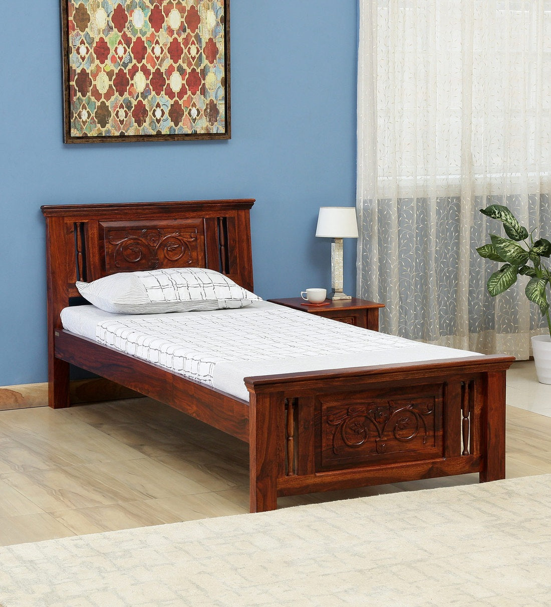Deventi Traditional Sheesham Wood Single Bed In Honey Oak Finish - Rajwada Furnish