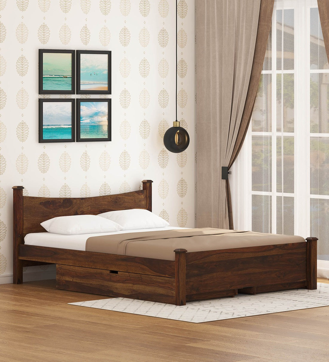 Polo Solid Wood Bed With Drawer Storage For Bedroom in Provincial Teak Finish - Rajwada Furnish