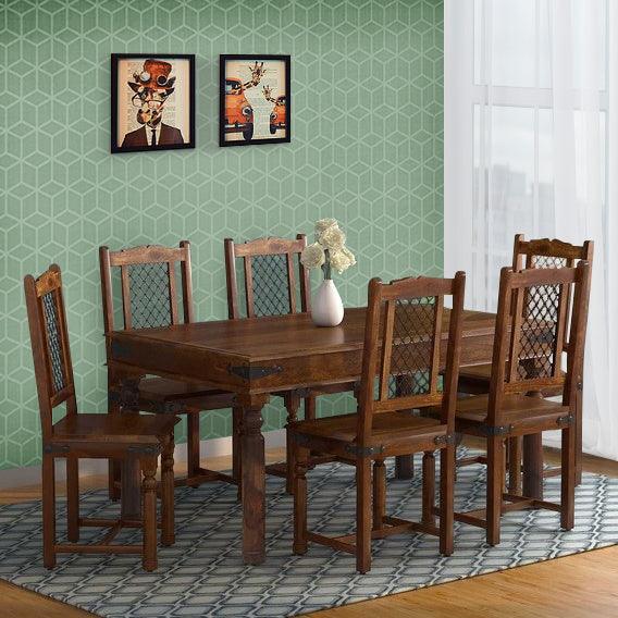 Arjuna Solid Wood 6 Seater Dining Table with Chairs in Teak Finish - Rajwada Furnish