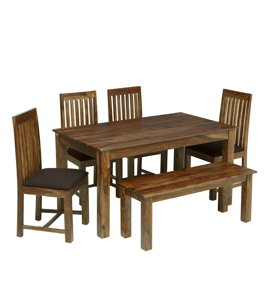 Peter Wooden 6 Seater Dining Set With Bench For Dining Room in Provincial Teak Finish - Rajwada Furnish