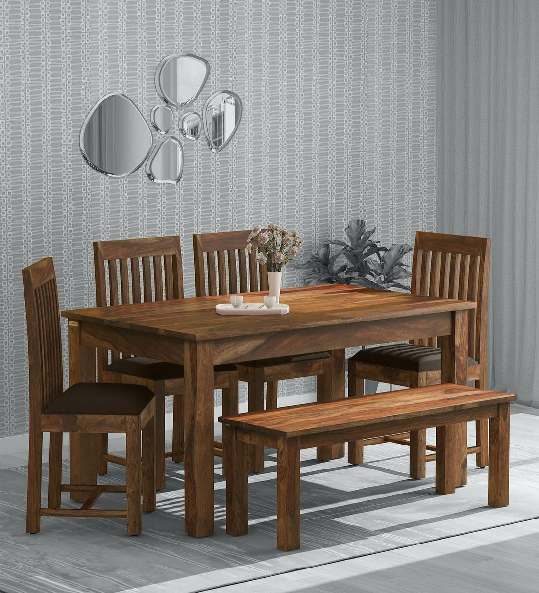 Peter Wooden 6 Seater Dining Set With Bench For Dining Room in Provincial Teak Finish - Rajwada Furnish