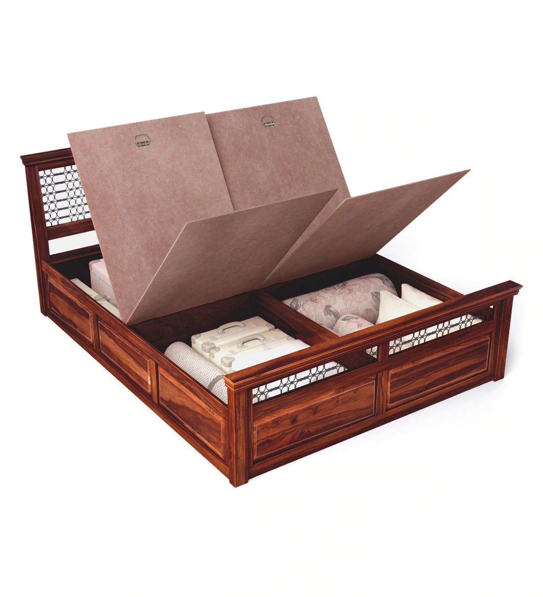 Saffron Sheesham Wooden Bed with Box Storage in Honey Oak Finish - Rajwada Furnish